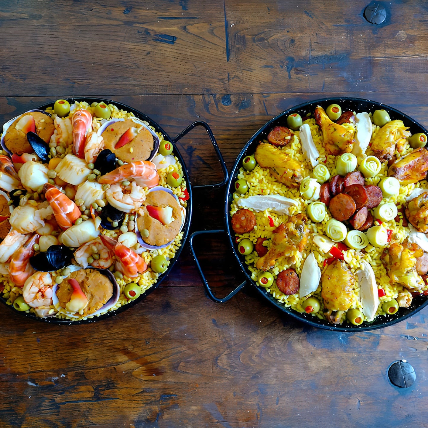 Paella Duo loaded seafood and chicken chorizo paella for 12 guests