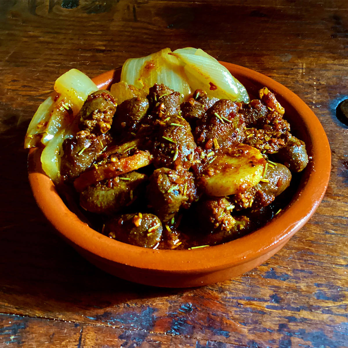 Corazon de Pollo Encebollado - Chicken Hearts and Caramelized Onions - Tapas & Paellas